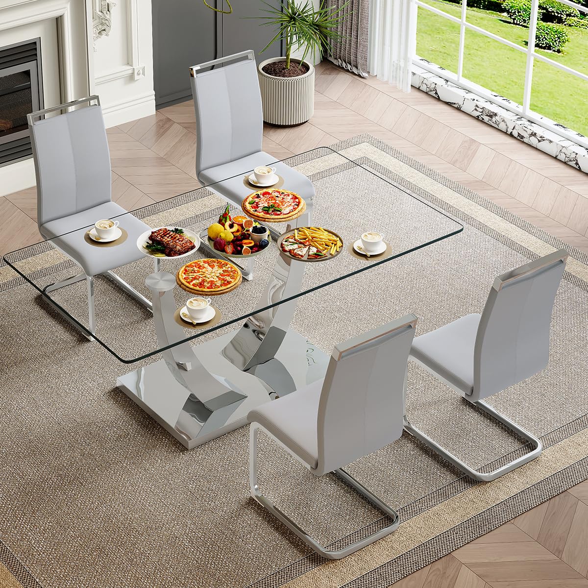71" Glass Dining Table Set for 6