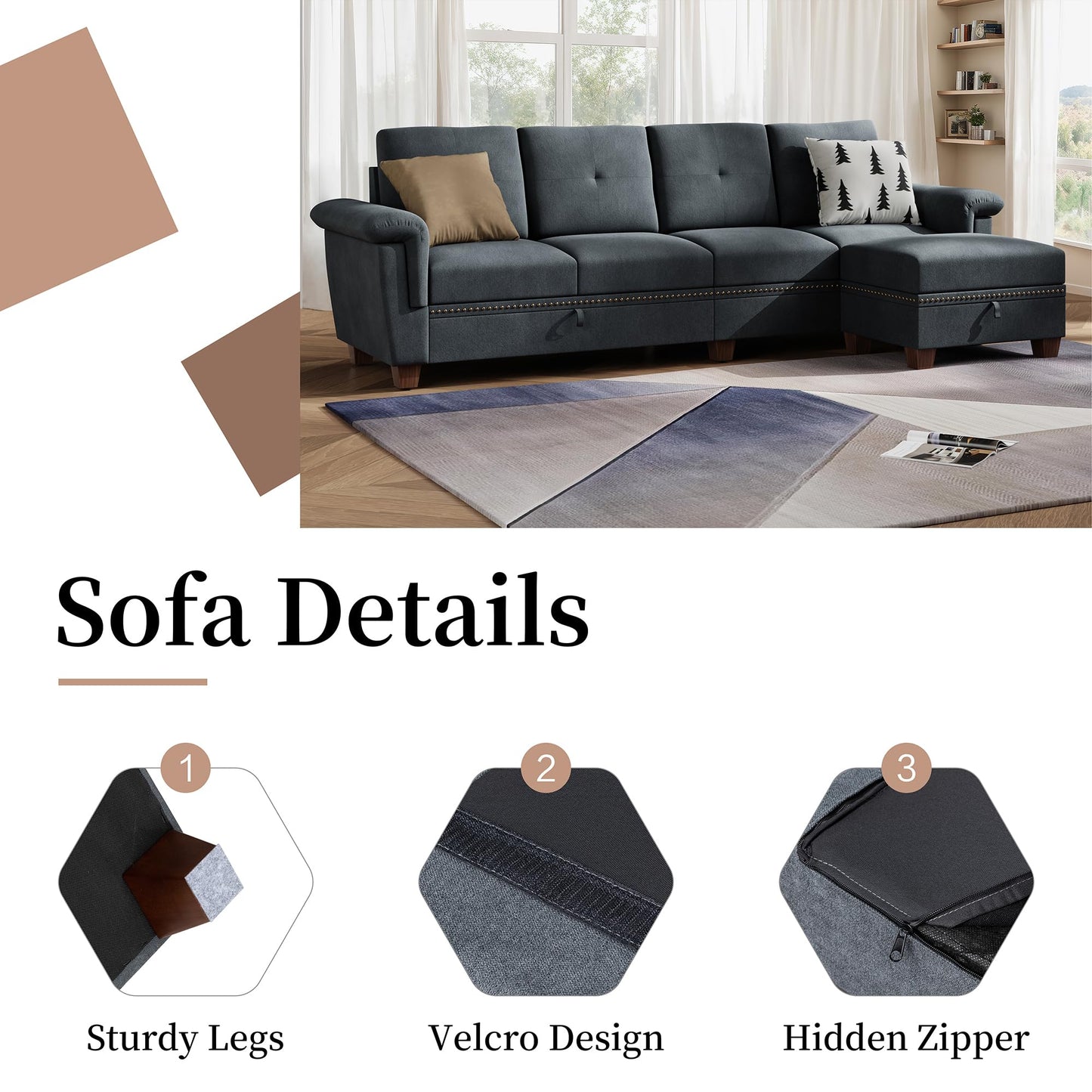 JAMFLY 4-Seat Sectional Sofa – Dark Gray