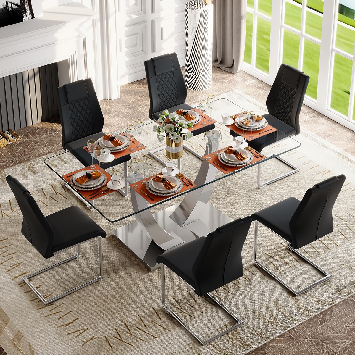 71" Glass Dining Table Set for 6