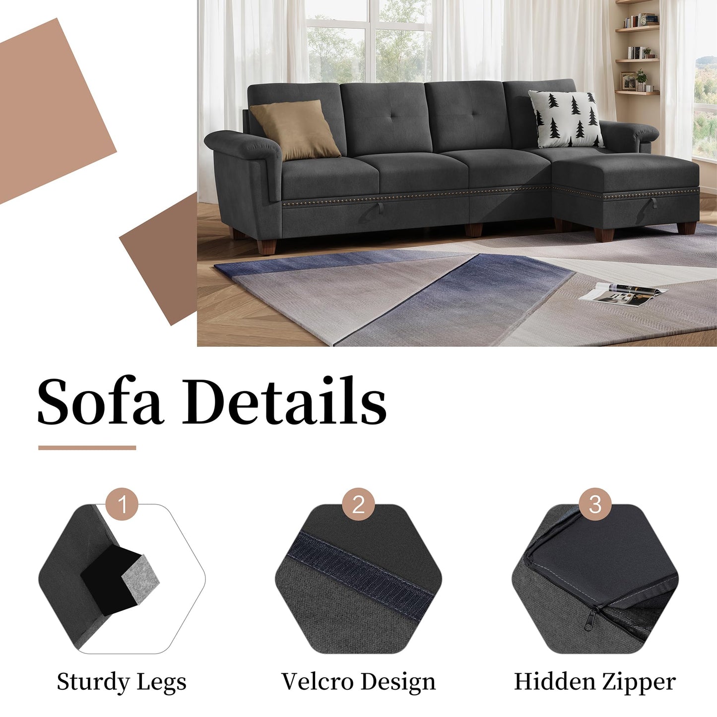 JAMFLY 4-Seat Sectional Sofa – Dark Gray