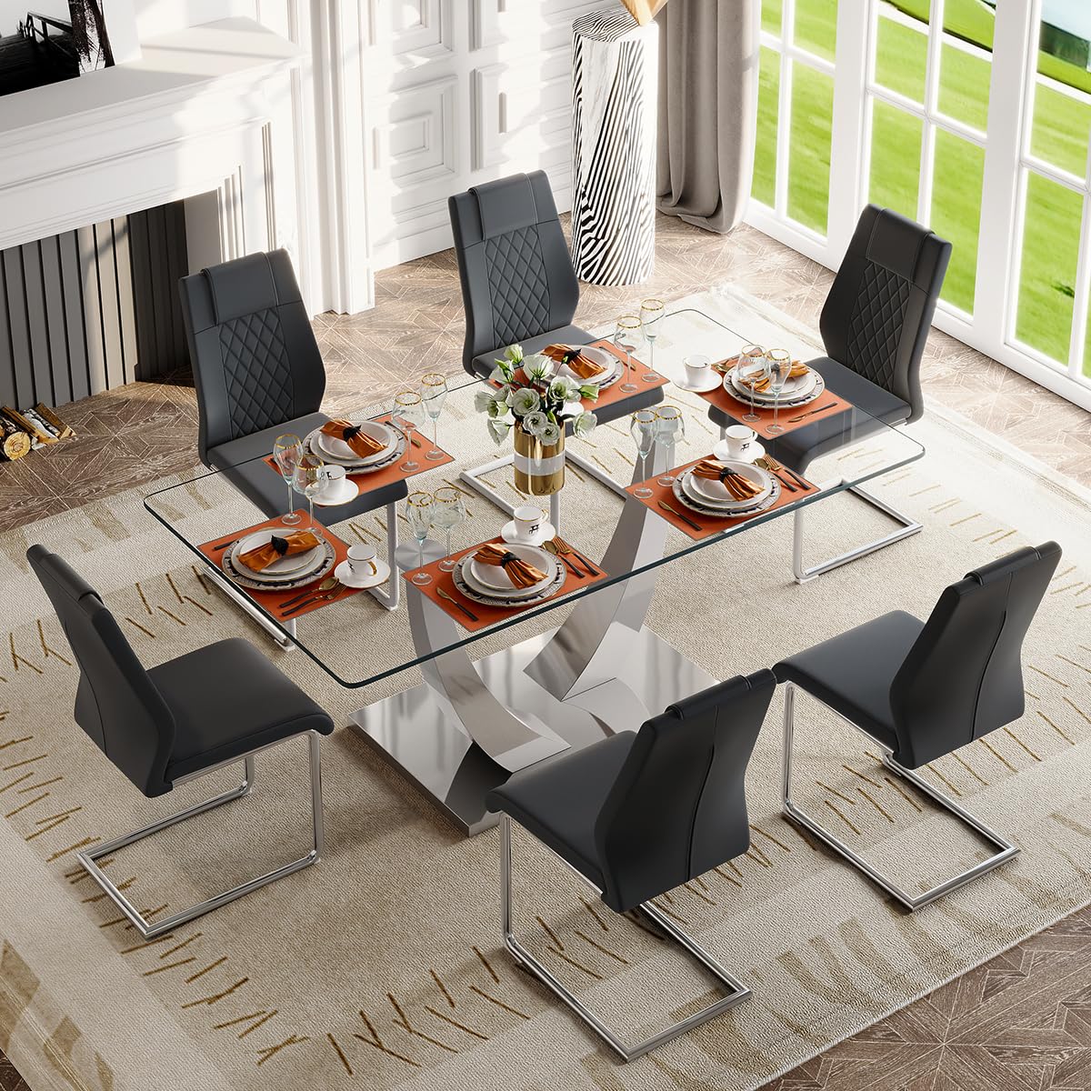 71" Glass Dining Table Set for 6