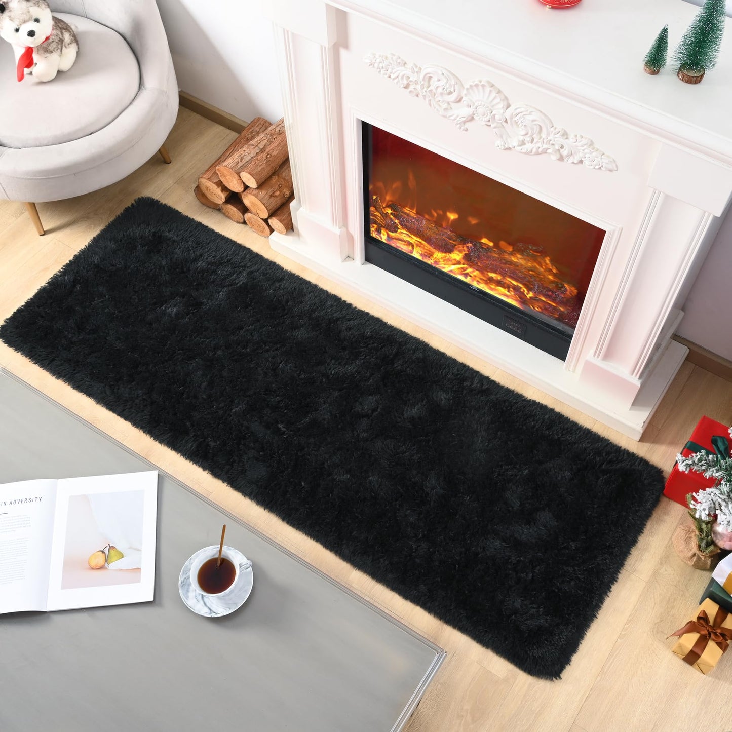 Keeko 4x5.3 Black Fluffy Shag Rug