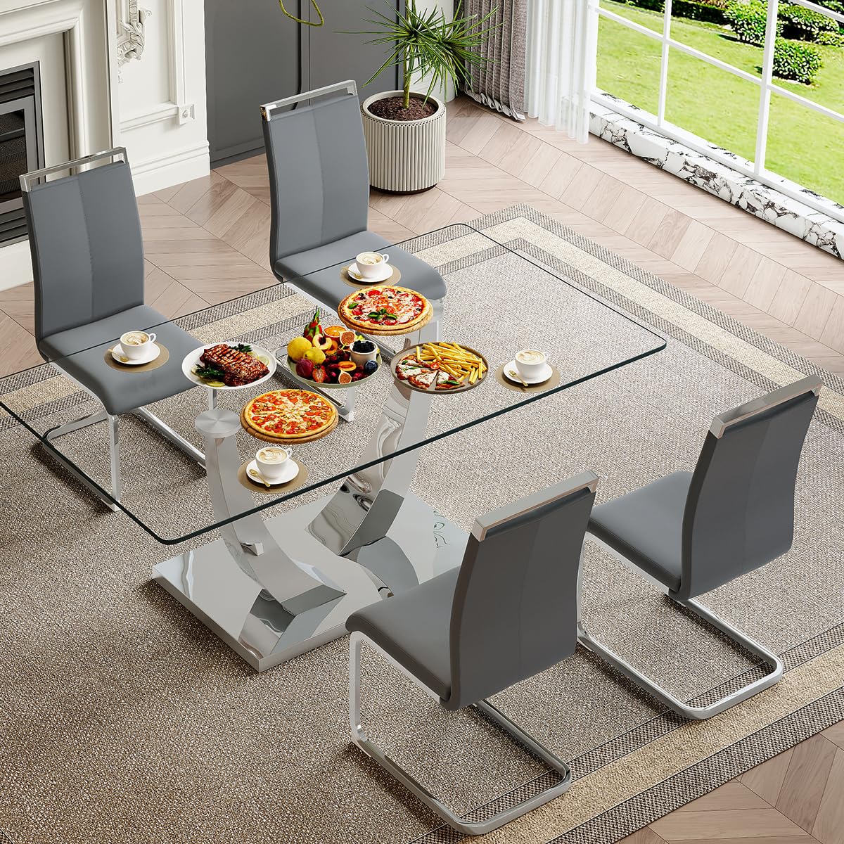 71" Glass Dining Table Set for 6