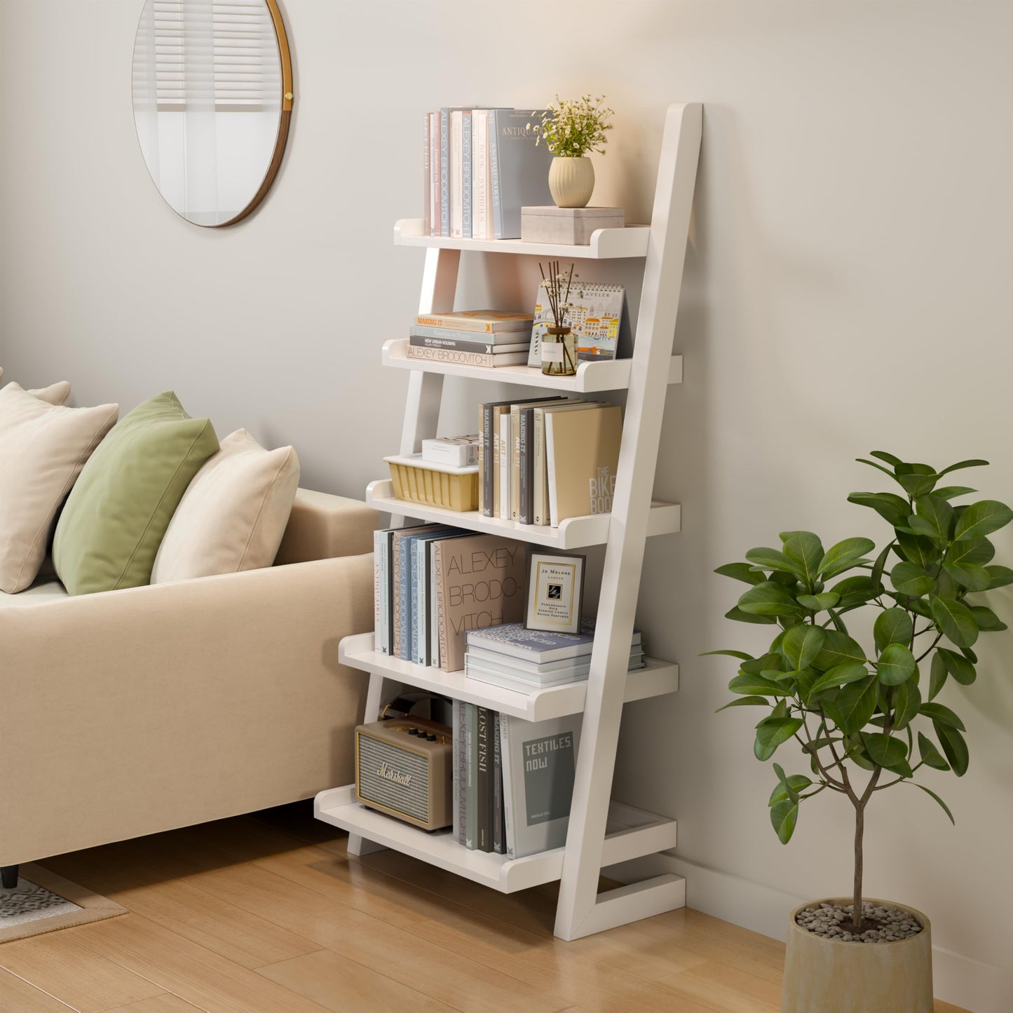 White 5-Tier Wooden Ladder Shelf