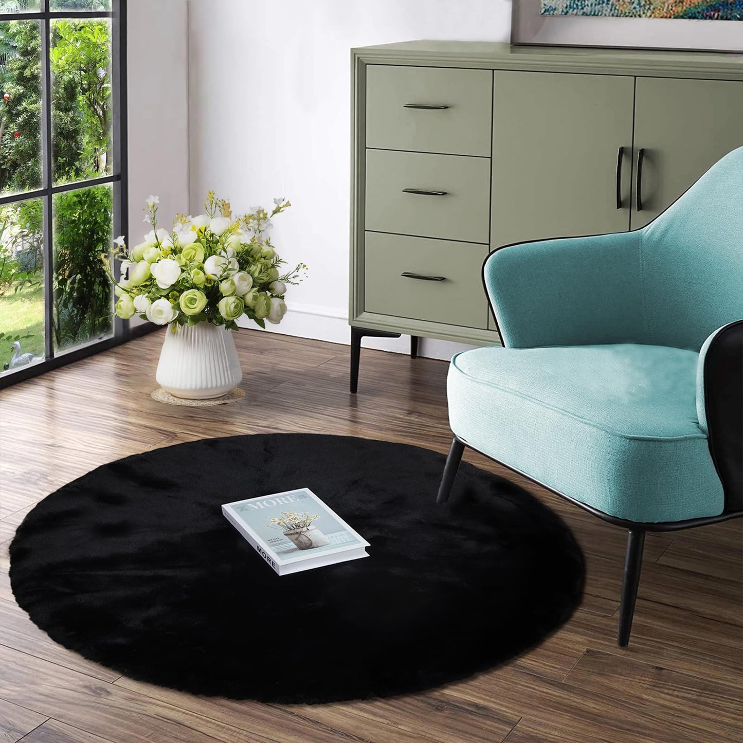 Latepis 3ft White Faux Fur Round Rug