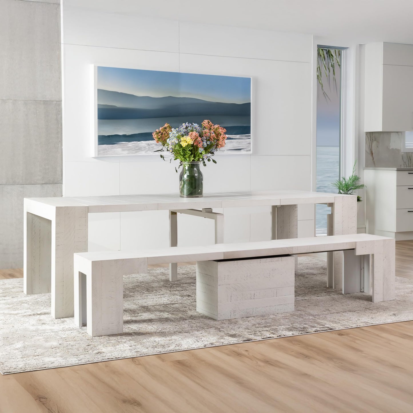 White Extendable Dining Table & Bench