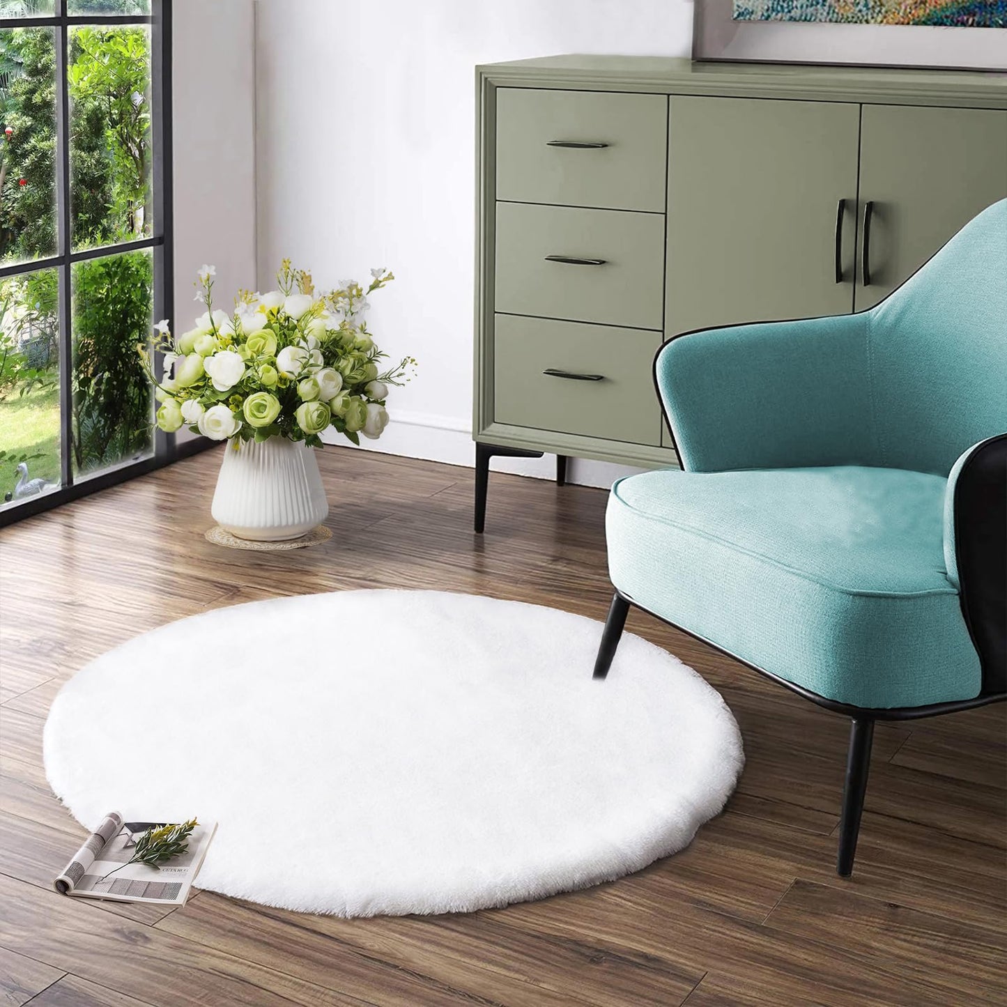 Latepis 3ft White Faux Fur Round Rug