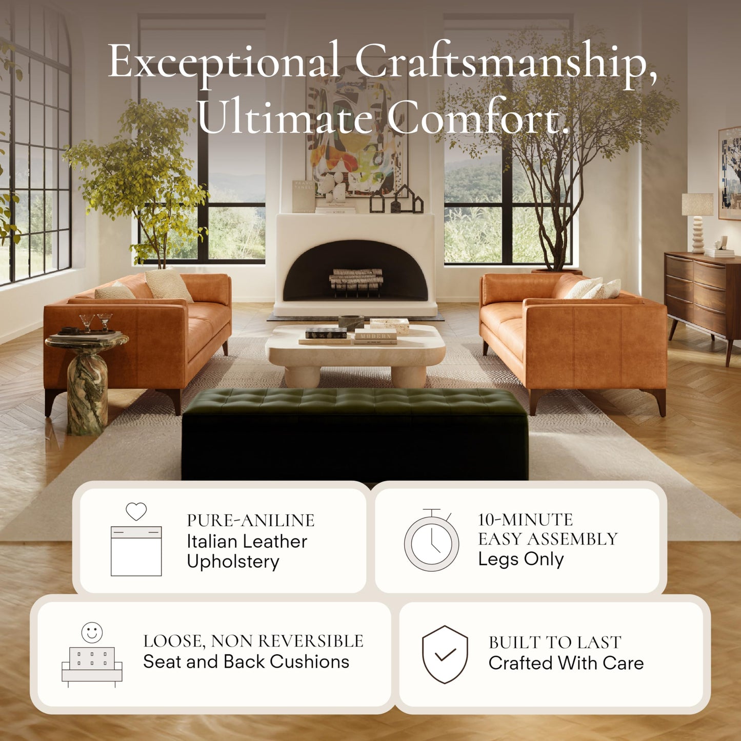 88" Girona Leather Sofa, Cognac Tan