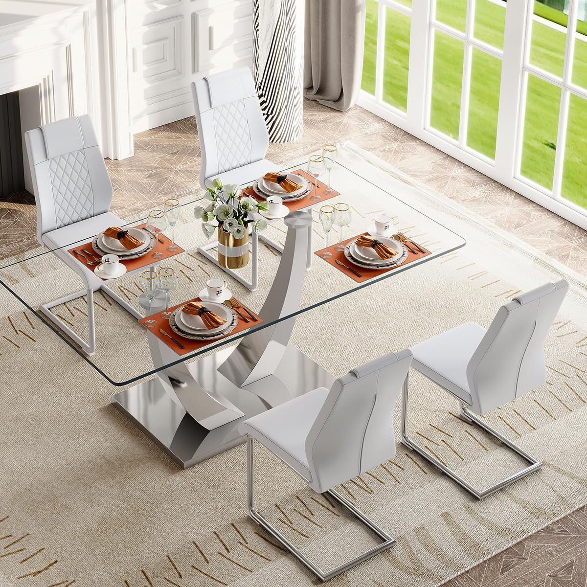 71" Glass Dining Table Set for 6