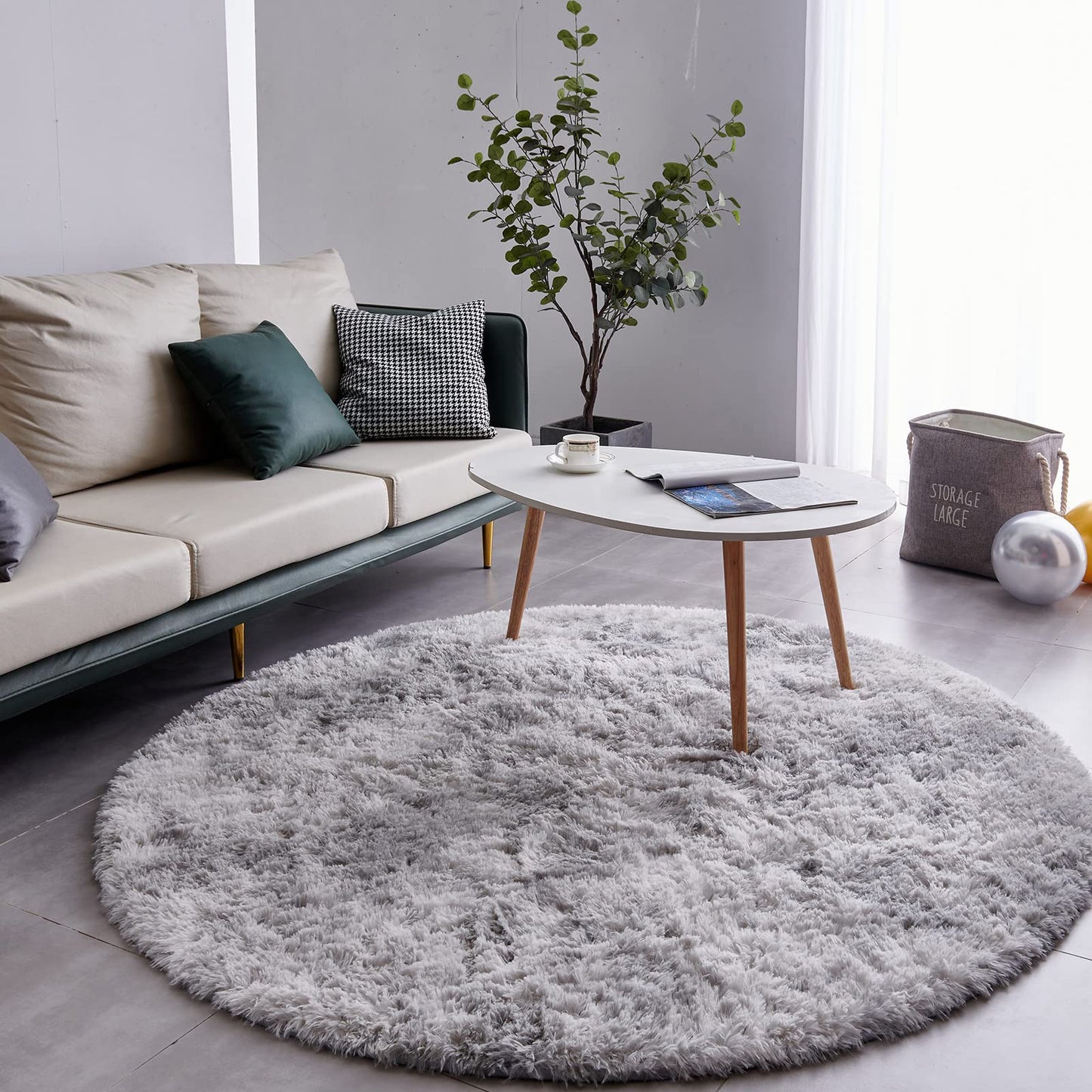 FJZFING 4x4 Light Grey Round Shag Rug