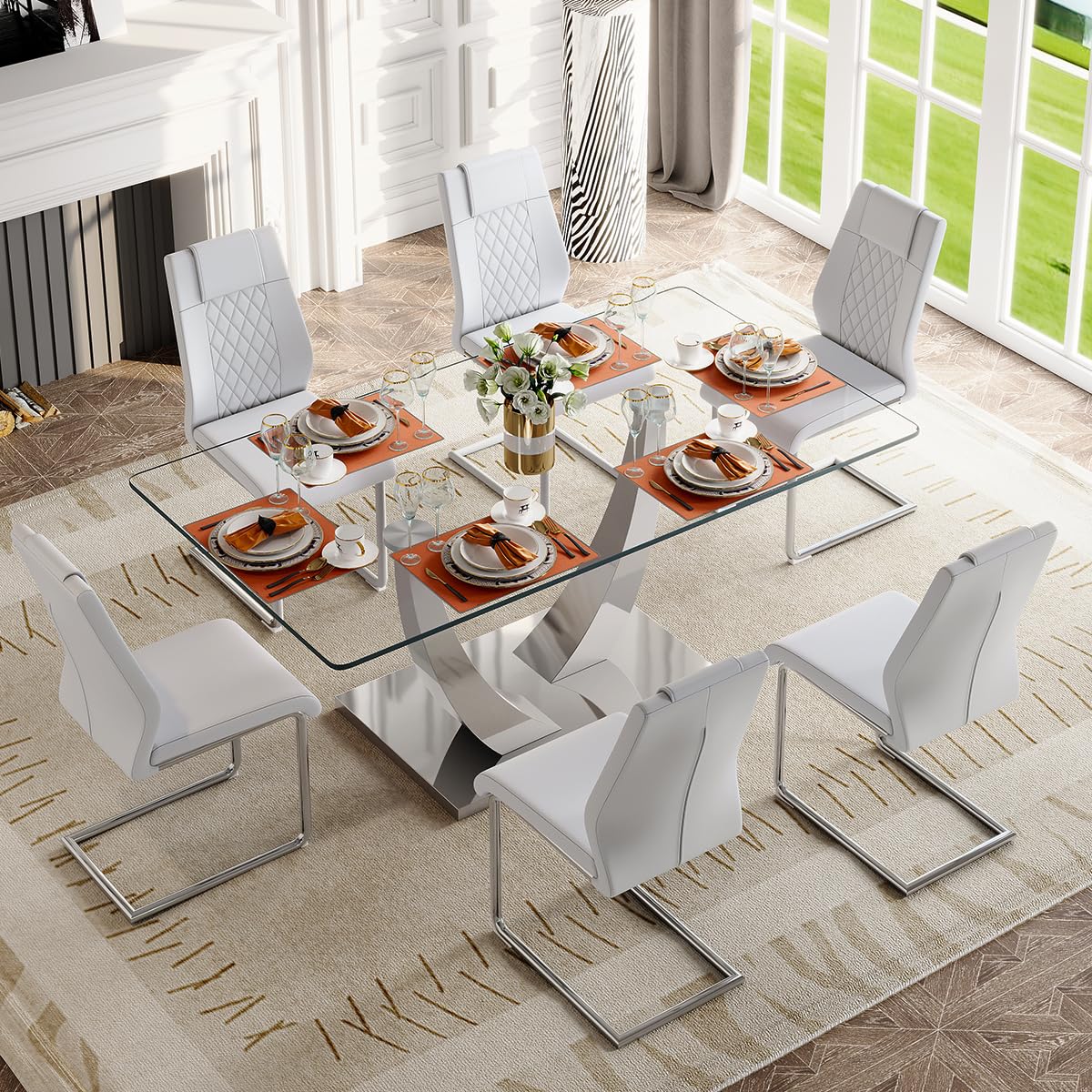 71" Glass Dining Table Set for 6