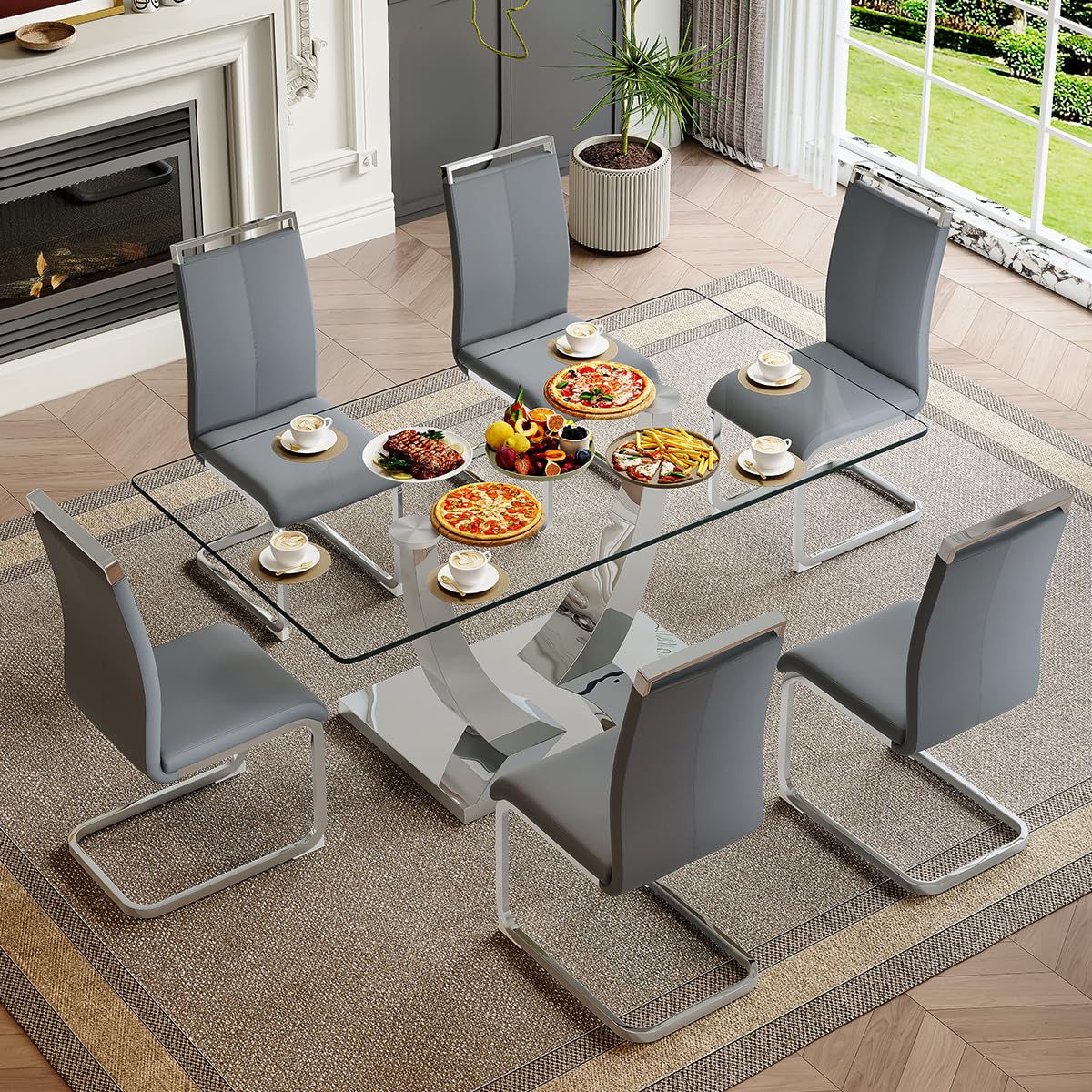 71" Glass Dining Table Set for 6