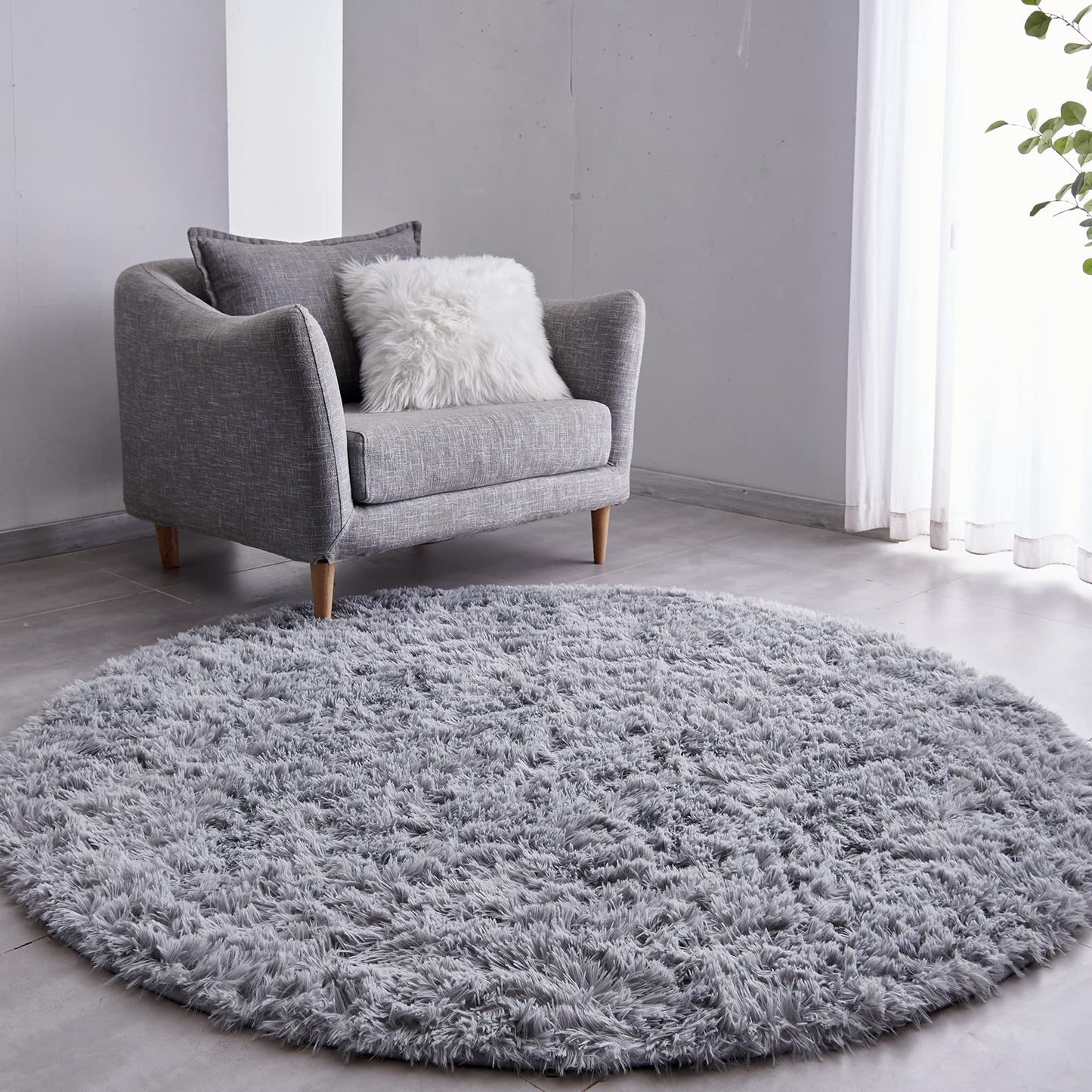 FJZFING 4x4 Light Grey Round Shag Rug