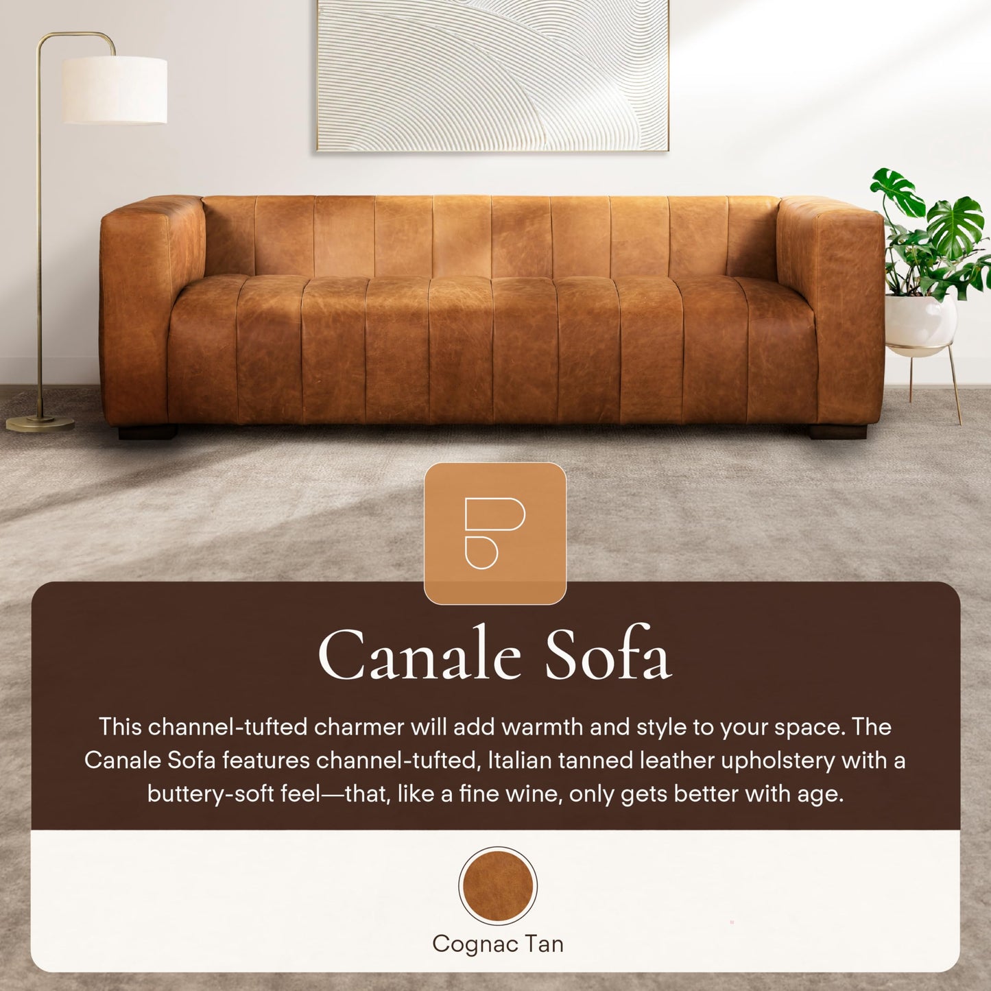 88" Girona Leather Sofa, Cognac Tan
