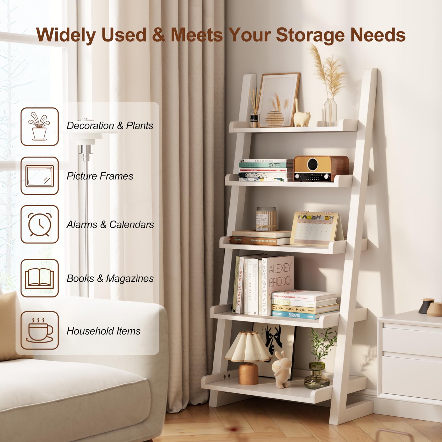 White 5-Tier Wooden Ladder Shelf