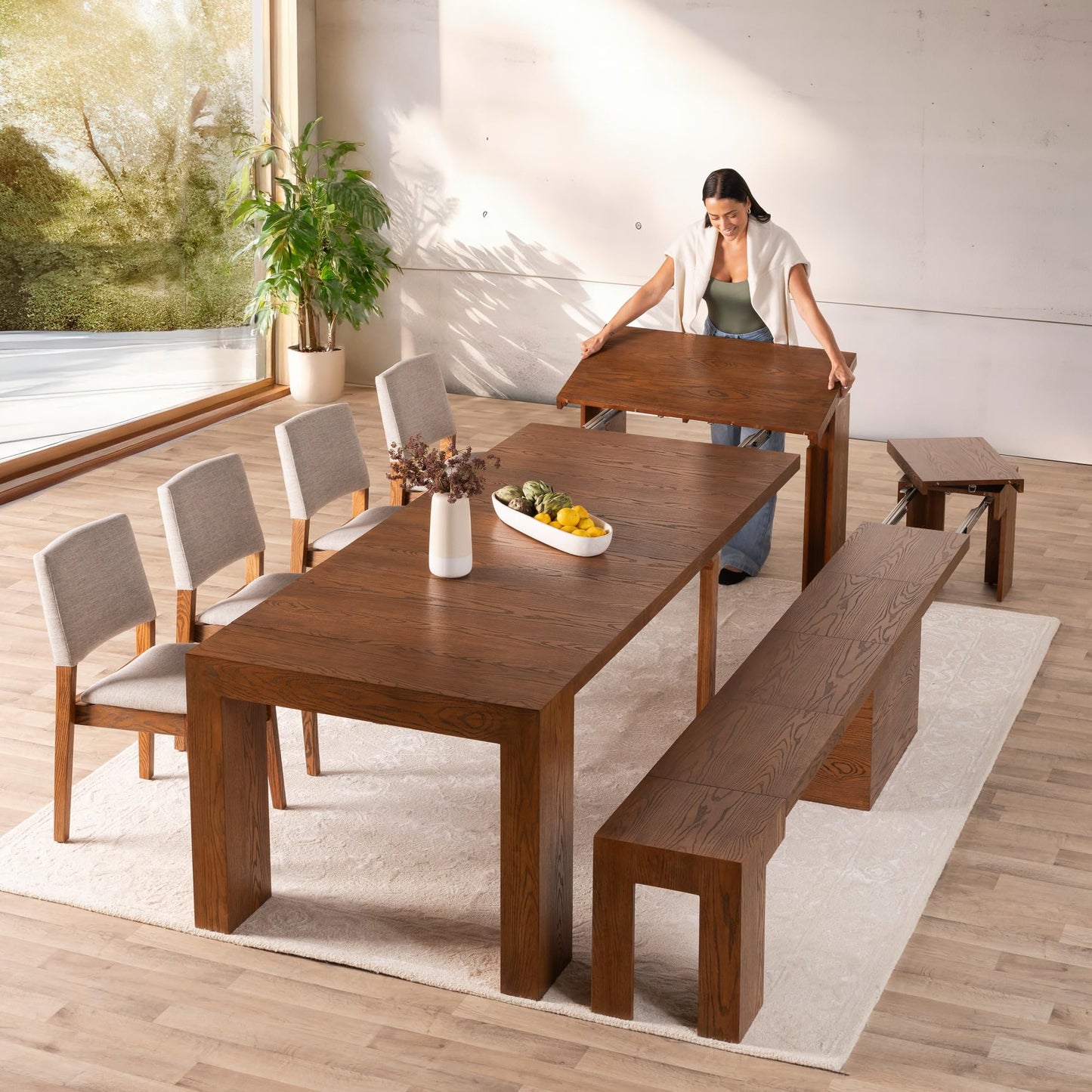 White Extendable Dining Table & Bench