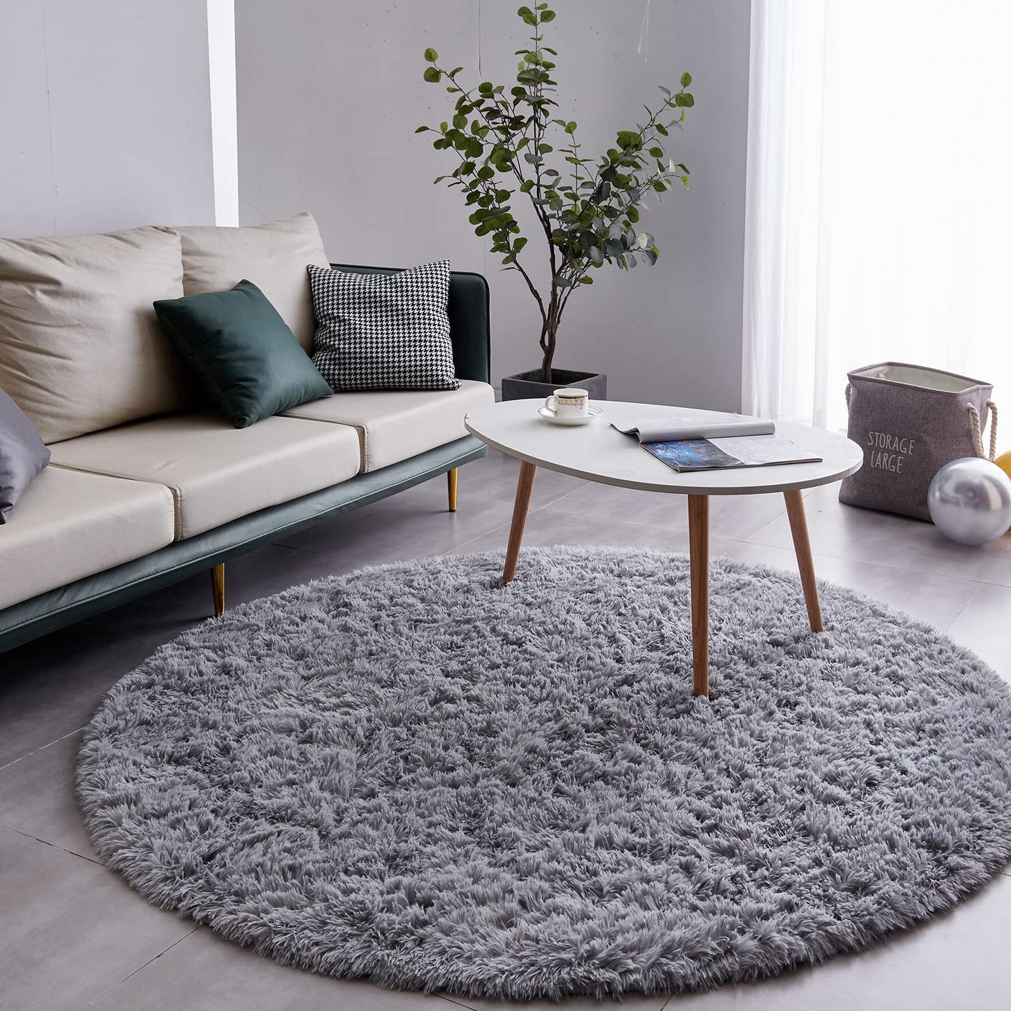 FJZFING 4x4 Light Grey Round Shag Rug