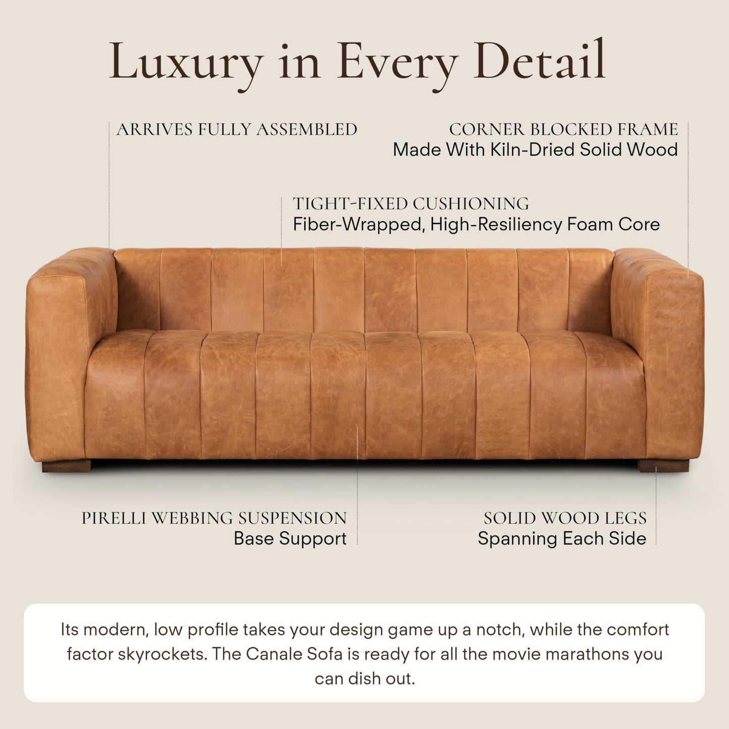 88" Girona Leather Sofa, Cognac Tan