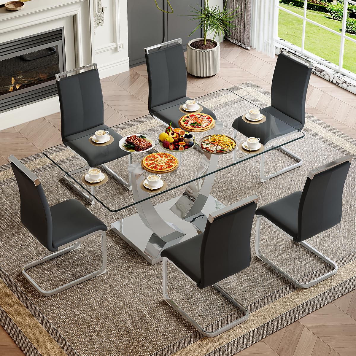 71" Glass Dining Table Set for 6