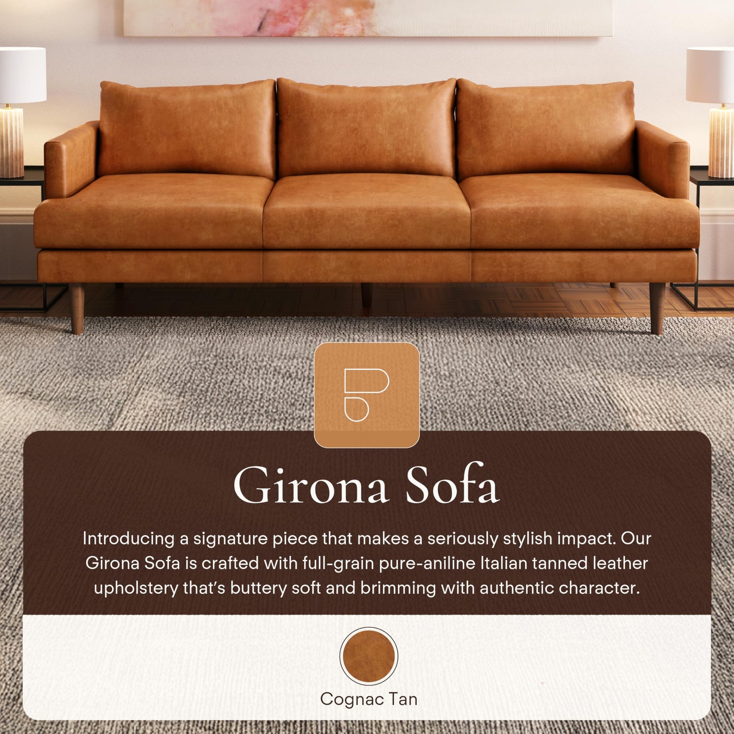 88" Girona Leather Sofa, Cognac Tan