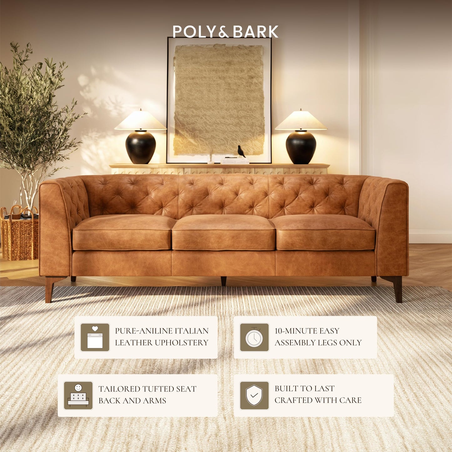 POLY & BARK 74" Leather Sofa – Cognac Tan