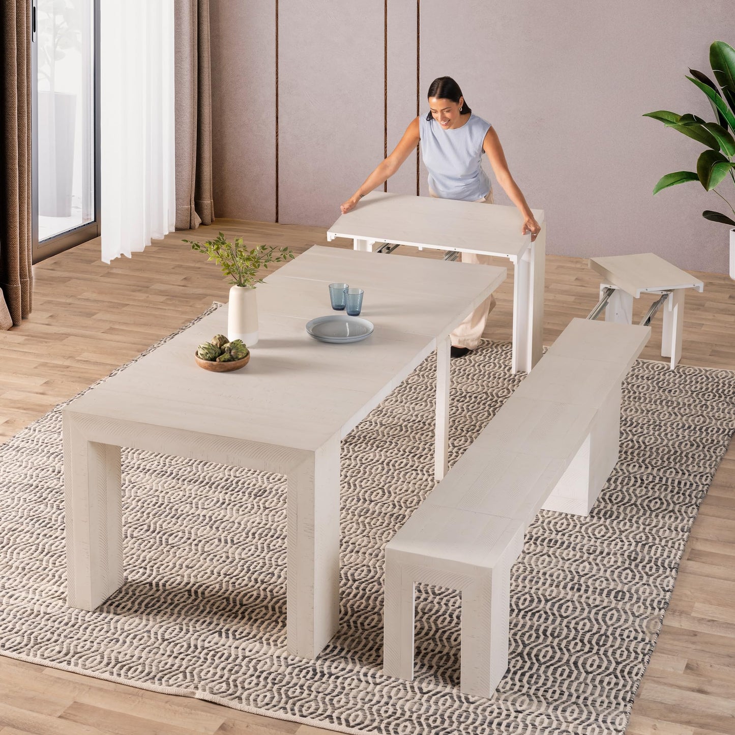 White Extendable Dining Table & Bench