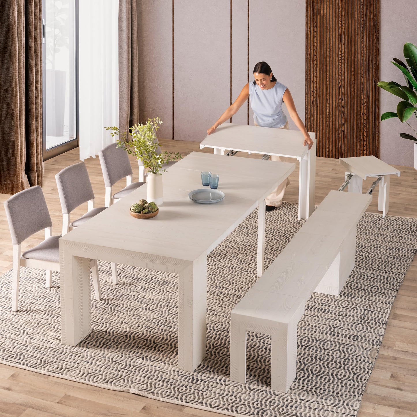 White Extendable Dining Table & Bench